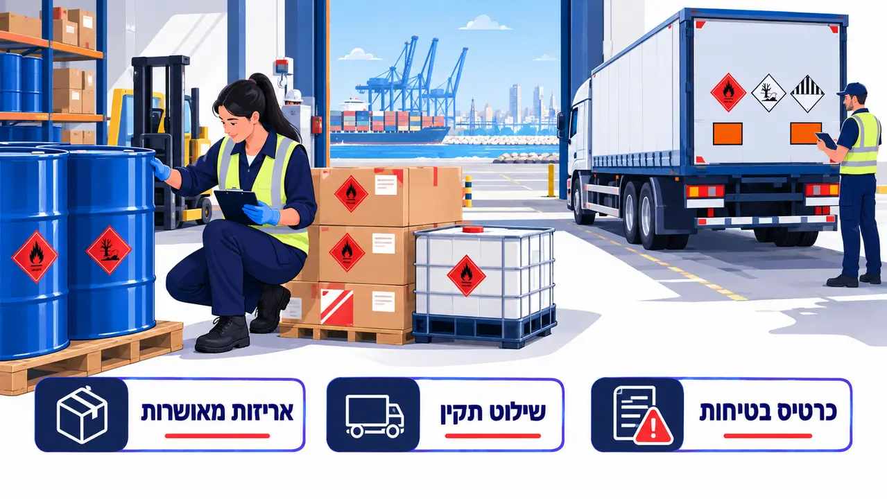 שילוט חומרים מסוכנים על ארגזים ועל משאית, כולל מספרי UN ולוחיות כתומות