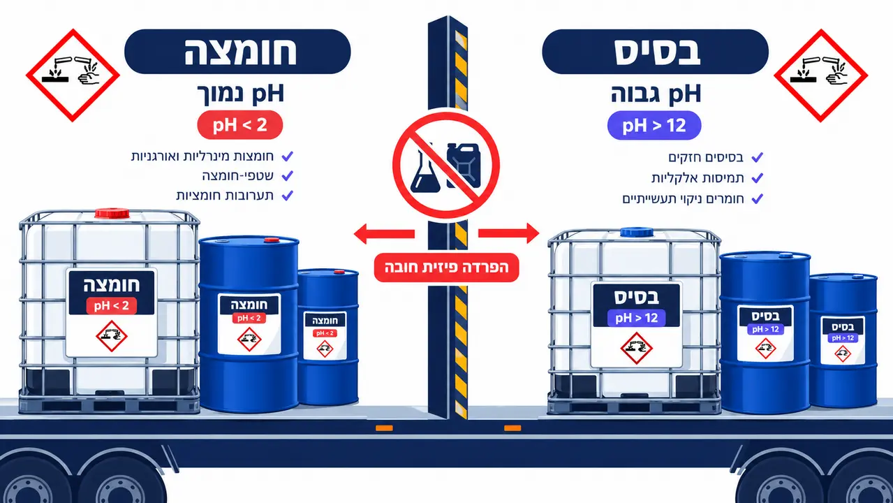 הפרדת חומצות ובסיסים במטען משותף באמצעות מחיצות פיזיות בתא המטען